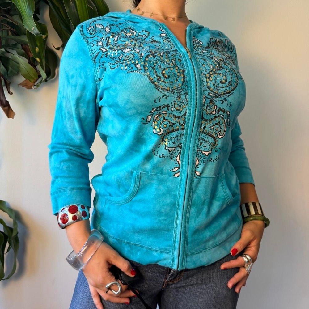 Zenergy by Chicos Blue Tie Dye Sequin Paisley Zip Up Hoodie XL 2